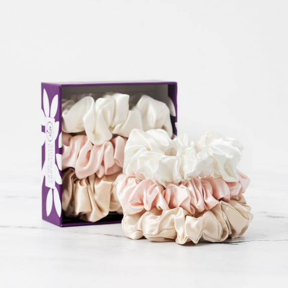 Mulberry Park Silks 100% Pure Silk Hair Scrunchies, 3 Pack - Prevents Frizz, Hair Breakage, Gentle On All Hair Types, Hair Accessories - Large - Ivory, Pink, Sand