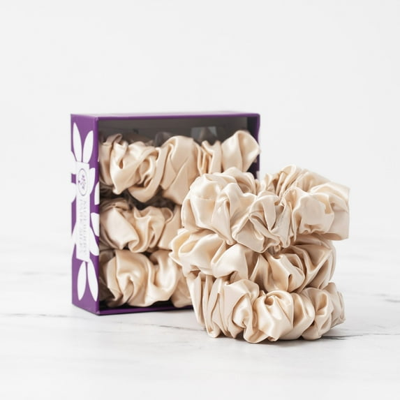 Mulberry Park Silks 100% Pure Silk Hair Scrunchies, 3 Pack - Prevents Frizz, Hair Breakage, Gentle On All Hair Types, Hair Accessories - Large - Sand