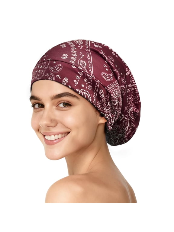 Mulberry Silk Hair Bonnet for Sleeping Women Men, Real Silk Lining, Not Satin, Stay On All Night Sleep Bonnet with Adjustable Strap for Curly Short Long Fine Hair, Red