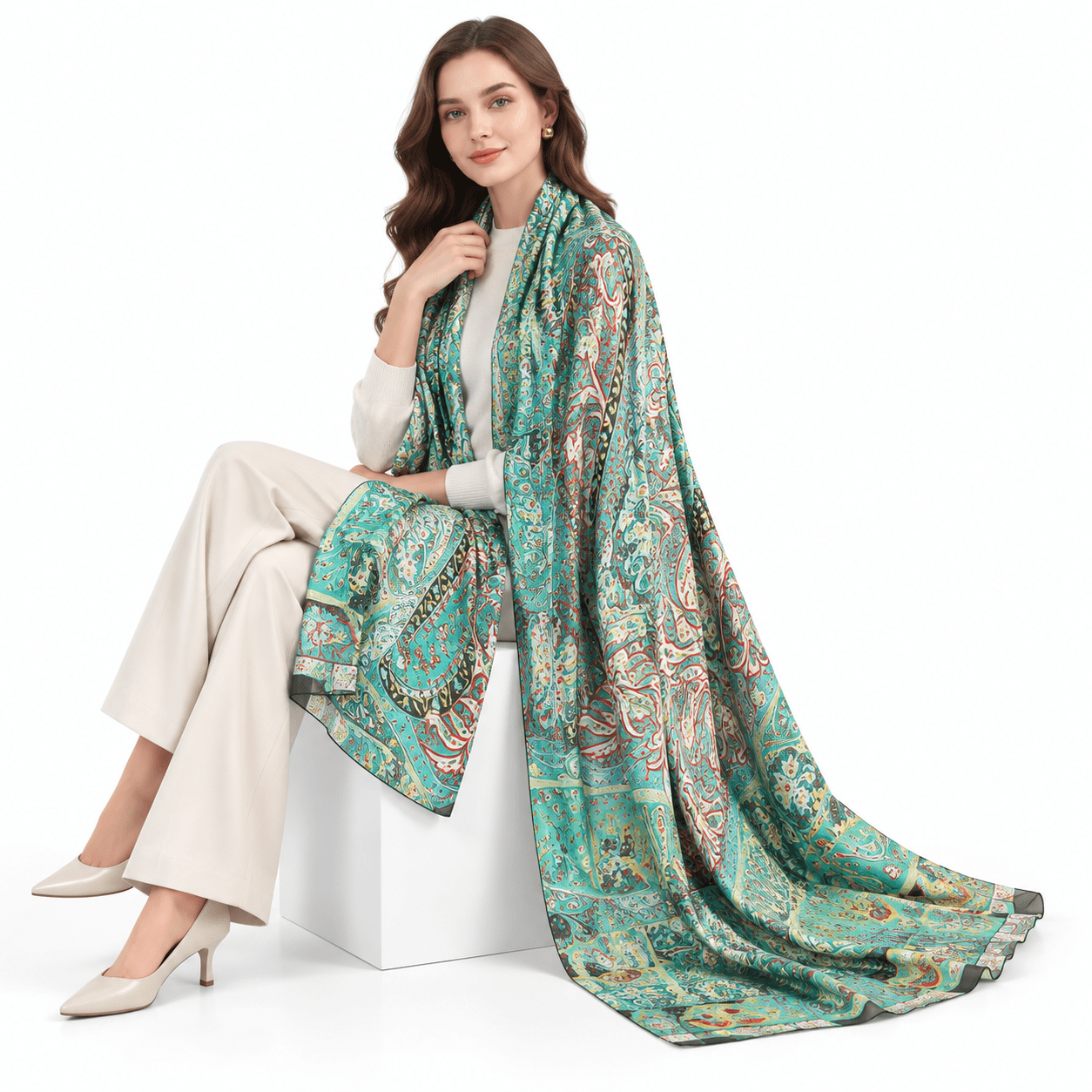 Paisley Pattern Shell Mulberry Silk Pashmina Shawl, Teal Paisley Pattern, 90x43 Inch ...