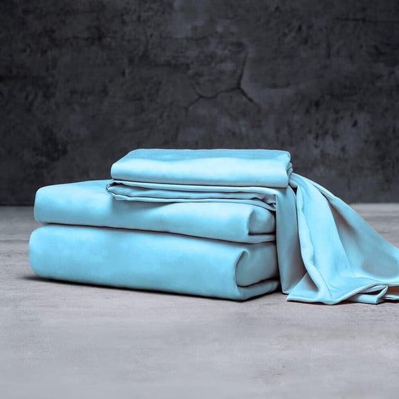 Mulberry Silk Satin Sheet Set - 4 Pc (1 Flat Sheet, 1 Fitted Sheet, 2 Pillowcases) - Smooth Bedding for Queen/King Bed - Wrinkle-Resistant, 15" Deep Pockets, Breathable & Cooling.(Sky Blue,QUEEN)