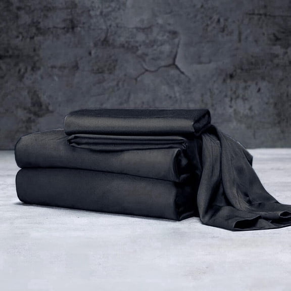 Mulberry Silk Satin Sheet Set - 4 Pc (1 Flat Sheet, 1 Fitted Sheet, 2 Pillowcases) - Smooth Bedding for Queen/King Bed - Wrinkle-Resistant, 15" Deep Pockets, Breathable & Cooling.(Black,QUEEN)