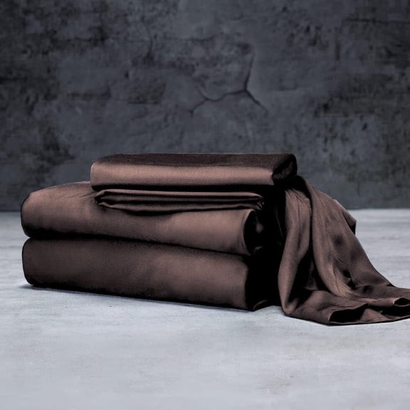 Mulberry Silk Satin Sheet Set - 4 Pc (1 Flat Sheet, 1 Fitted Sheet, 2 Pillowcases) - Smooth Bedding for Queen/King Bed - Wrinkle-Resistant, 15" Deep Pockets, Breathable & Cooling.(Chocolate,KING)