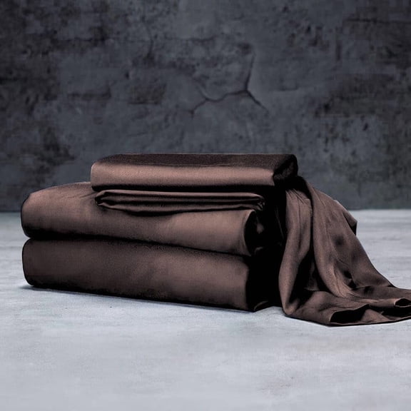 Mulberry Silk Satin Sheet Set - 4 Pc (1 Flat Sheet, 1 Fitted Sheet, 2 Pillowcases) - Smooth Bedding for Queen/King Bed - Wrinkle-Resistant, 15" Deep Pockets, Breathable & Cooling.(Chocolate,KING)