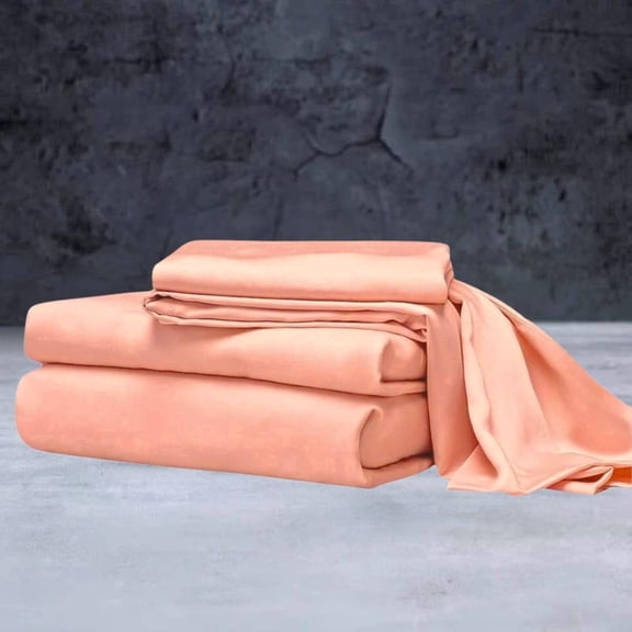 Mulberry Silk Satin Sheet Set - 4 Pc (1 Flat Sheet, 1 Fitted Sheet, 2 Pillowcases) - Smooth Bedding for Queen/King Bed - Wrinkle-Resistant, 15" Deep Pockets, Breathable & Cooling.(Peach,QUEEN)