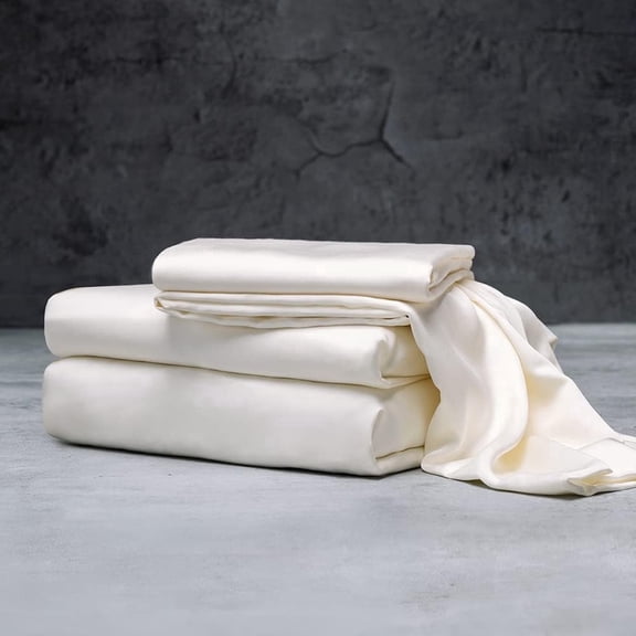 Mulberry Silk Satin Sheet Set - 4 Pc (1 Flat Sheet, 1 Fitted Sheet, 2 Pillowcases) - Smooth Bedding for Queen/King Bed - Wrinkle-Resistant, 15" Deep Pockets (Ivory,CALIFORNIA KIN