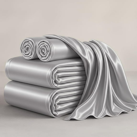 Mulberry Silk Sheet Set 4Pcs, 6A Grade 12 Momme Mulberry Silk Bed Sheets, Fits Mattress Upto 14-16" Deep Pocket ( Queen, Silver Grey)