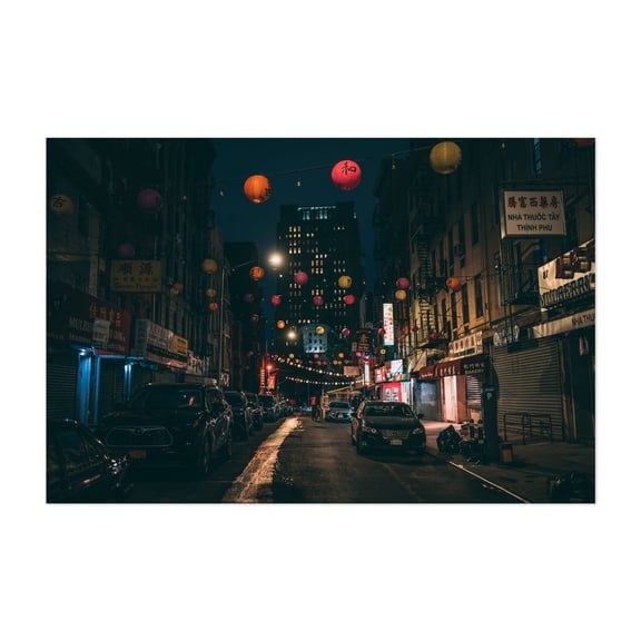 Mulberry Street, Chinatown - Manhattan New York Photography Cityscape Nightlife Street Photography Neon Sign Architecture Vintage City Unframed Wall Art Print 20 x 28 inches