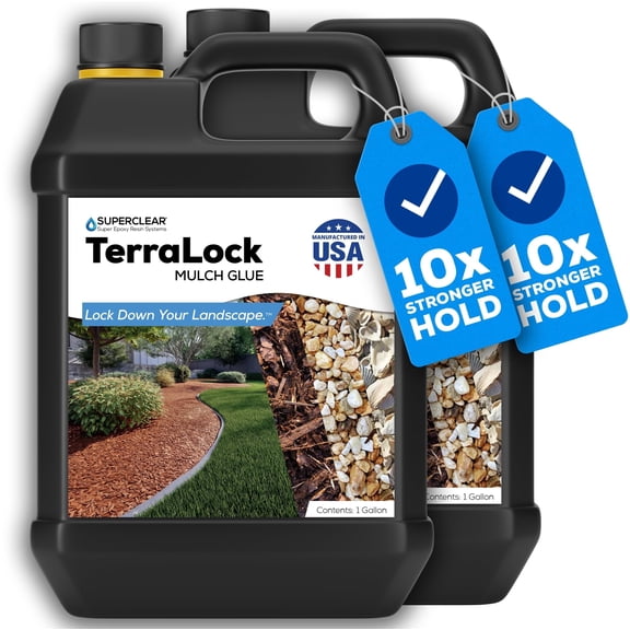 TerraLock Mulch Glue 2 Gallon, Landscape Adhesive for Mulch, Pea Gravel, Rock, and Pine Straw, Easy Spray and Hold, Weather Resistant, Made in the USA