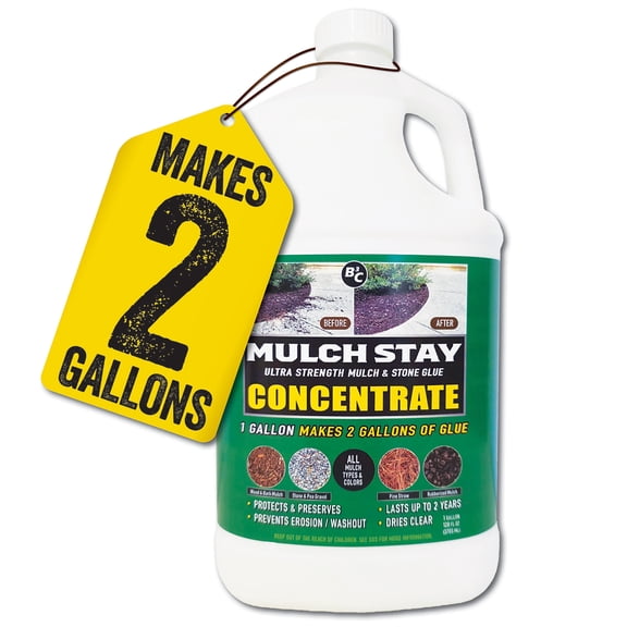 Mulch Stay Ultra Strength Mulch & Stone Glue CONCENTRATE 128 oz. 1 Gallon Makes 2 GALLONS! Preserves, Protects All Types of Mulch, Stone, Pine Straw & Landscaping Material, Dries Clear