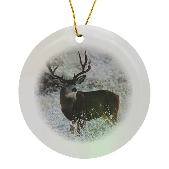 3drose, Mule Deer Buck in Late Autumn Snow, Circle Porcelain Ornament