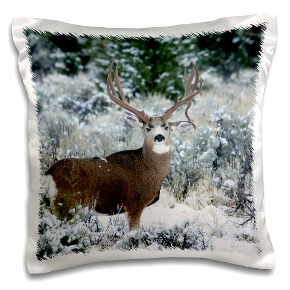 3drose, Mule Deer Buck on Alert, Late Autumn Snow, 16x16 inch Pillow Case