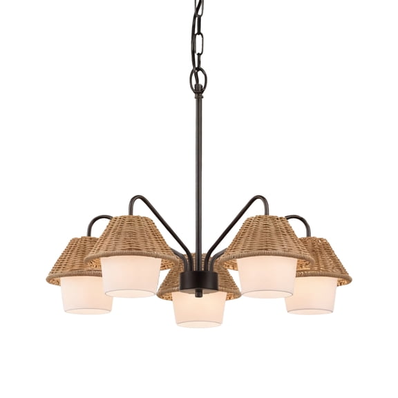 Mule Outdoor Chandelier, Plug-In or Hardwired 5-Light Ceiling Light, Natural Woven Shades