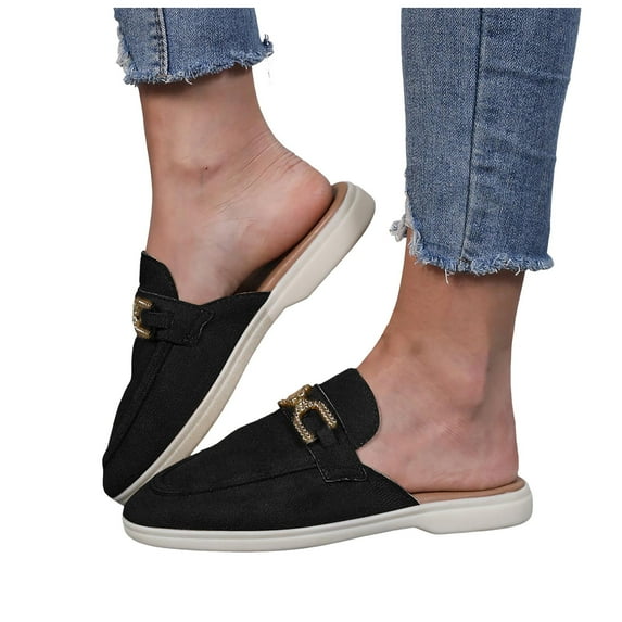Mule Sandals for Women Rhinestone Chain Suede Slides Loafers Closed Round Toe Casual Summer Slip on Walking Shoes Black Size 6.5