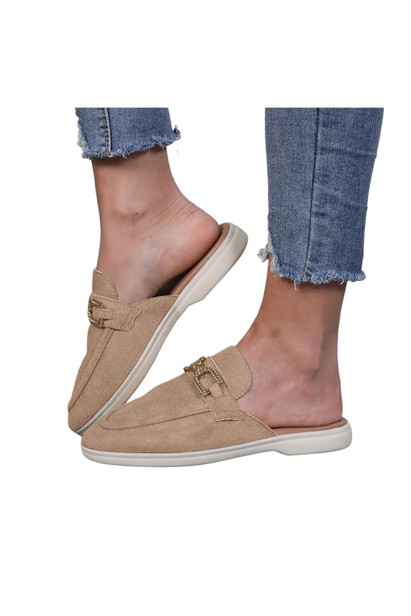 Mule Sandals for Women Rhinestone Chain Suede Slides Loafers Closed Round Toe Casual Summer Slip on Walking Shoes Khaki Size 7