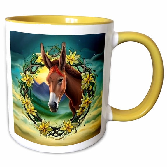 3drose, Mule Surrounded by a Wreath of Yellow Jasmine Tattoo Style Art, 11oz Two-tone Yellow Mug