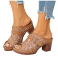 thumbnail image 1 of Mules Sandals for Women Trendy Embroidery Buckle Strap Chunky Heeled Slides Slip on Peep Toe Backless Heels Brown Size 9, 1 of 5