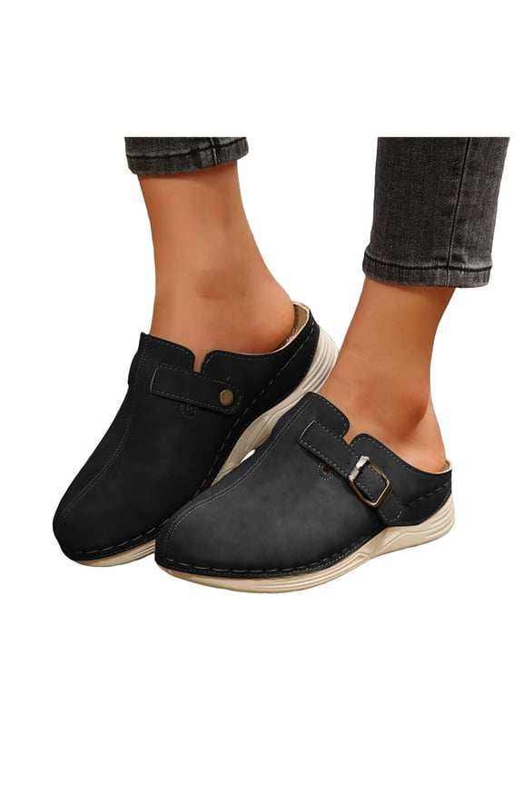Mules for Women Closed Toe Buckle Strap Wedge Sandals Fashion Stitching Soft Sole Nonslip Athletic Walking Shoes Summer Slides Black Size 7