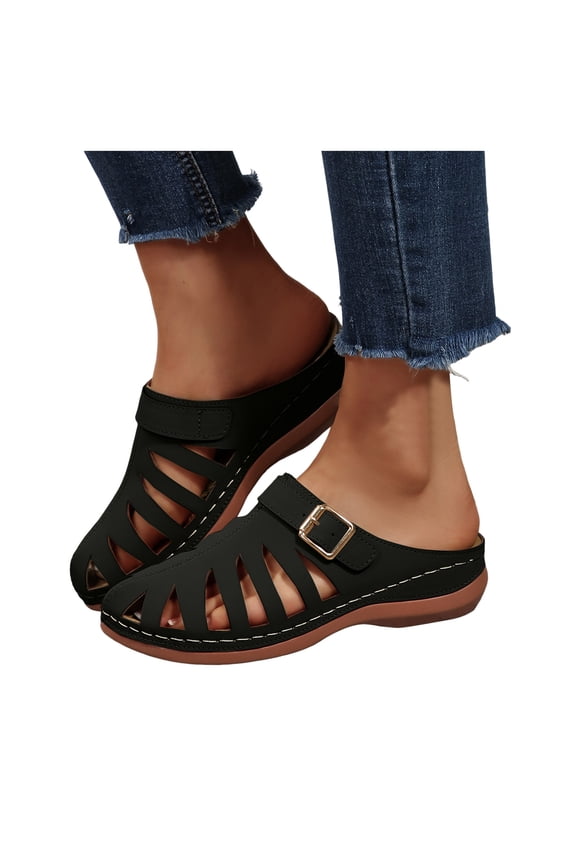 Mules for Women Closed Toe Fisherman Sandals Breathable Cutout Buckle Strap Slip on Low Wedge Cushioned Orthopedic Shoes Slides Black Size 9