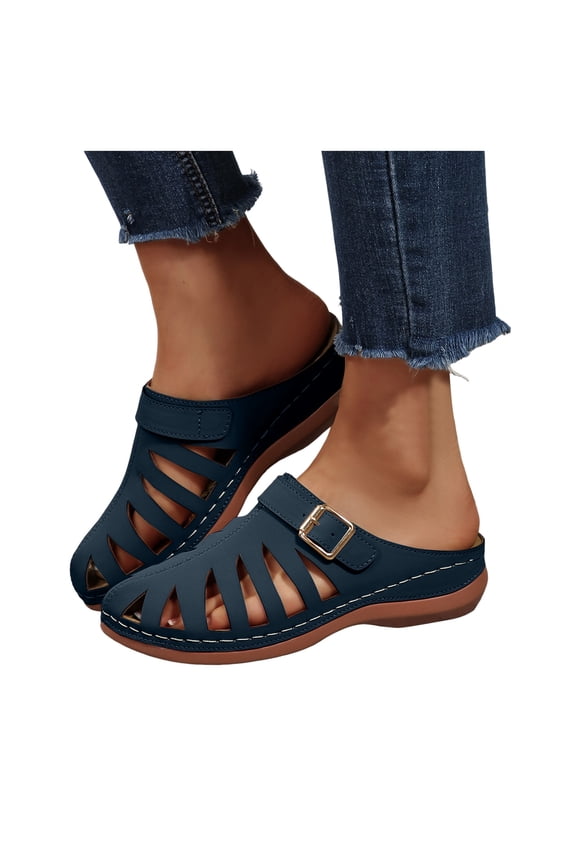 Mules for Women Closed Toe Fisherman Sandals Breathable Cutout Buckle Strap Slip on Low Wedge Cushioned Orthopedic Shoes Slides Blue Size 9