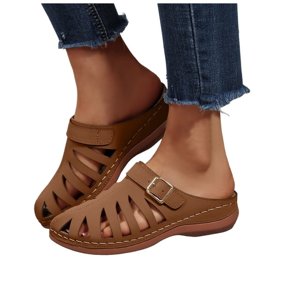 Mules for Women Closed Toe Fisherman Sandals Breathable Cutout Buckle Strap Slip on Low Wedge Cushioned Orthopedic Shoes Slides Coffee Size 7