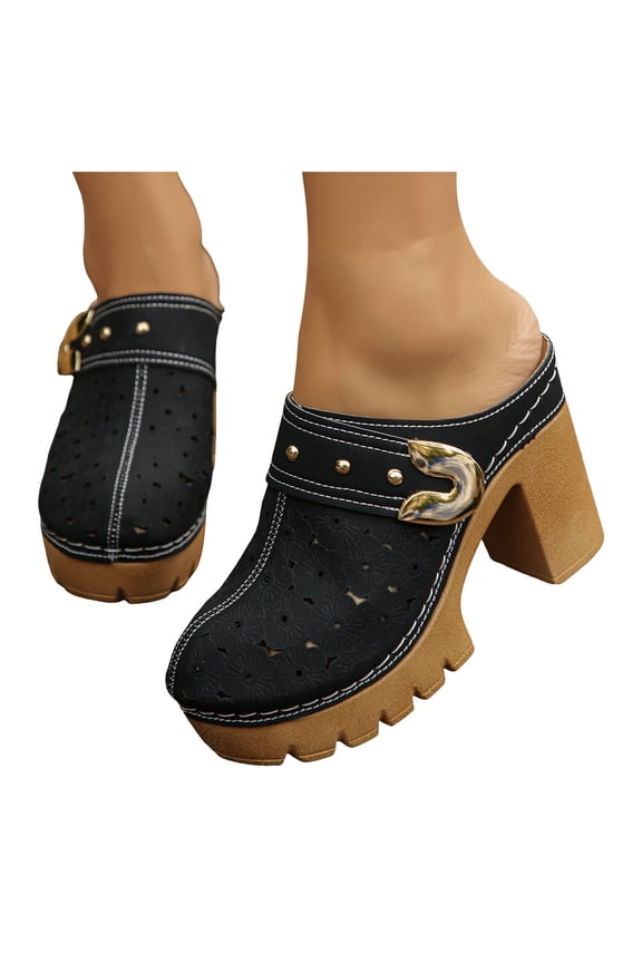 Mules for Women Lug Sole Platform High Heels Slip on Backless Sandals Boho Flower Hollow out Breathale Summer Dress Shoes Slippers Black Size 8.5