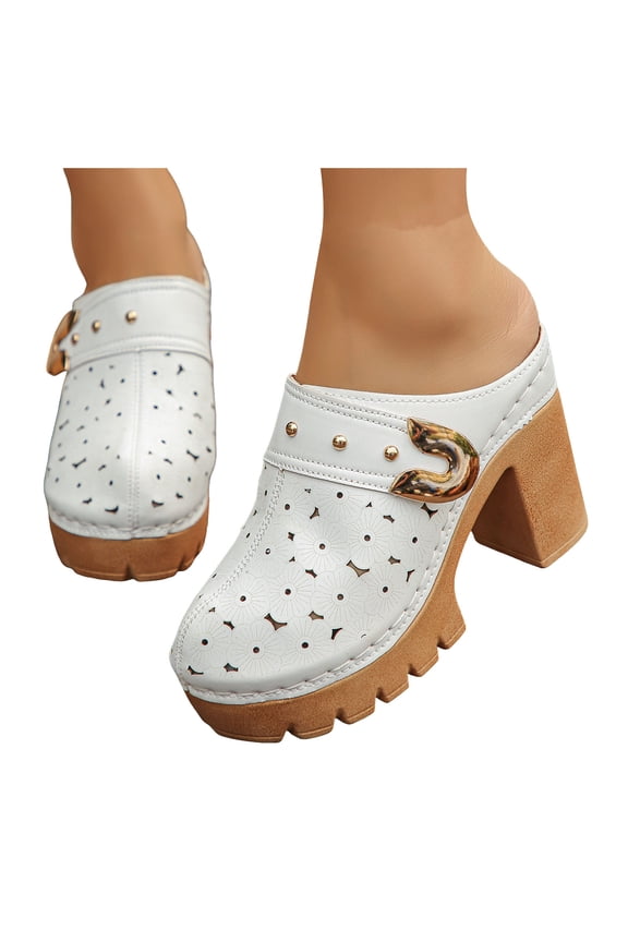 Mules for Women Lug Sole Platform High Heels Slip on Backless Sandals Boho Flower Hollow out Breathale Summer Dress Shoes Slippers White Size 7.5