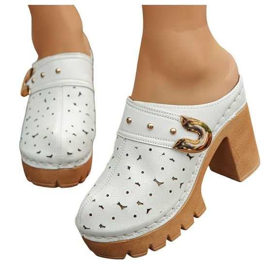 Mules for Women Lug Sole Platform High Heels Slip on Backless Sandals Boho Flower Hollow out Breathale Summer Dress Shoes Slippers White Size 7.5