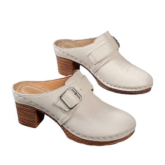 Mules for Women Retro Leather Closed Toe Chunky Heeled Sandals Fashion Buckle Strap Backless Heels Casual Slides Beige Size 8.5