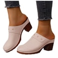 thumbnail image 1 of Mules for Women Round Closed Toe Heeled Sandals Slip on Chunky Heels Fashion Casual Slides Retro Leather Backless Dress Shoes Beige Size 6.5, 1 of 5