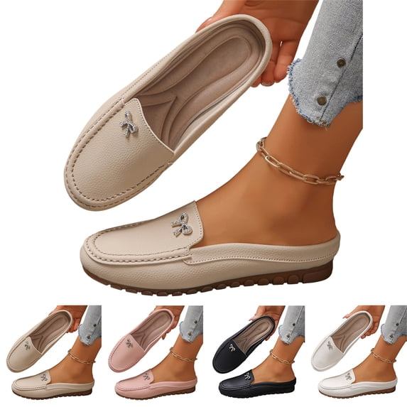 Mules for Women Soft Comfortable Orthopedic Leather Shoes Fashion Slip On Stitched Flat-Soled Casual Backless Loafers with Cute Bow, 37