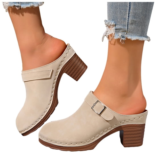 Mules for Women Suede Closed Toe Chunky Heel Orthopedic Sandals Fashion Buckle Strap Casual Backless Heels Slip on Slides Beige Size 9