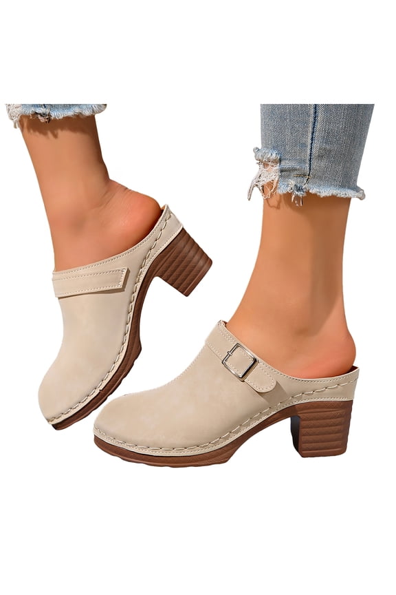 Mules for Women Suede Closed Toe Chunky Heel Orthopedic Sandals Fashion Buckle Strap Casual Backless Heels Slip on Slides Beige Size 9