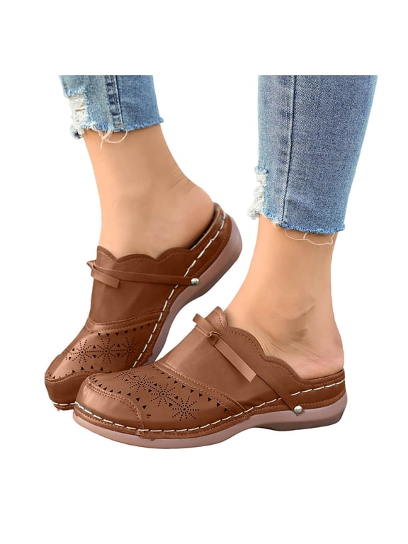 Mules for Women Thick Sole Orthopedic Sandals Splice Leather Closed Round Toe Hollow out Slip on Slides Walking Shoes Brown Size 7