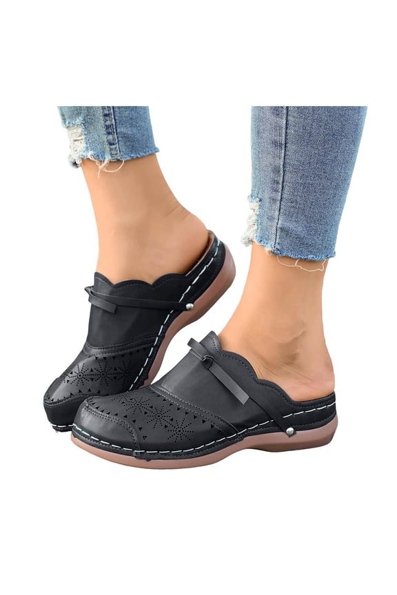 Mules for Women Thick Sole Orthopedic Sandals Splice Leather Closed Round Toe Hollow out Slip on Slides Walking Shoes Dark Blue Size 7.5