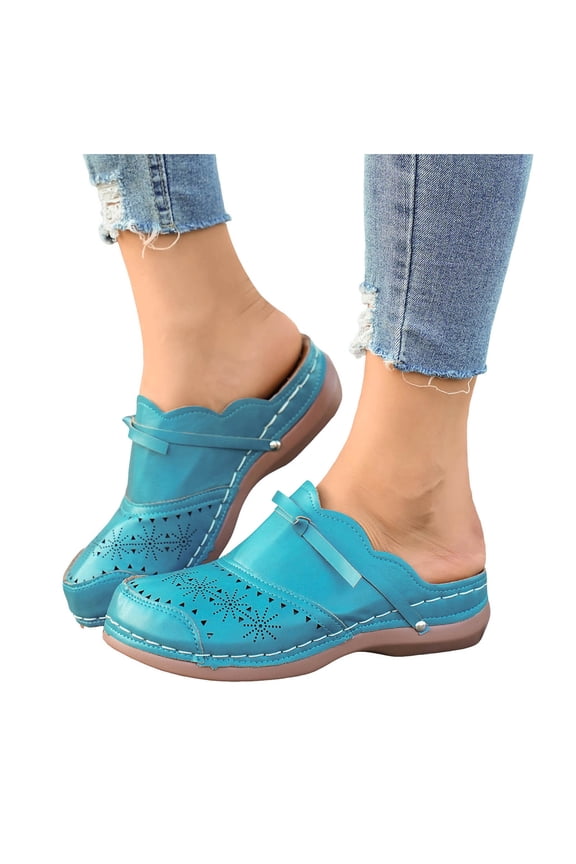 Mules for Women Thick Sole Orthopedic Sandals Splice Leather Closed Round Toe Hollow out Slip on Slides Walking Shoes Sky Blue Size 7.5