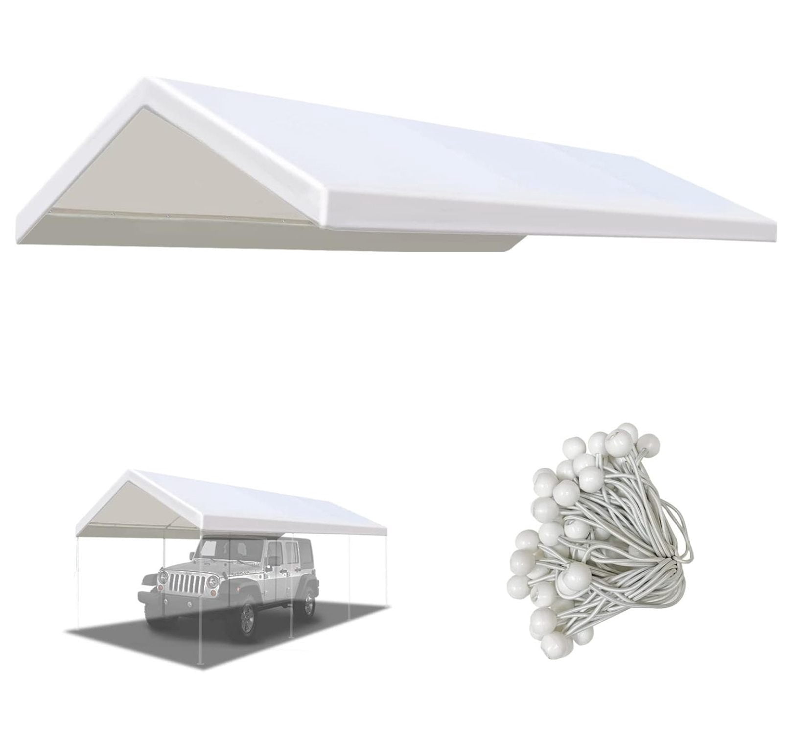 Muli-ti Size Carport Replacement Canopy Garage Top Tarp Shelter Cover w Bungee Cords, Canopy Onl with Edge (12'x20')