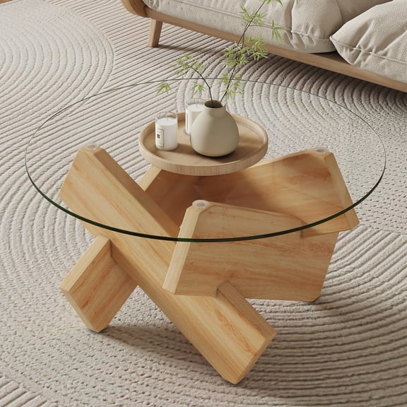 Mulinature Modern Round Coffee Table,Glass Top with Abstract Wooden Base–Irregular Geometric Side Table for the Living Room,Study,or Balcony(33.5"x33.5"x18")