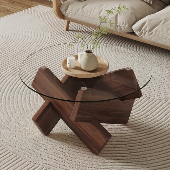 Mulinature Modern Round Coffee Table,Glass Top with Abstract Wooden Base–Irregular Geometric Side Table for the Living Room,Study,or Balcony(33.5"x33.5"x18")
