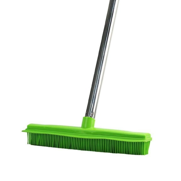 Muling Long Handled Carpet Rubber Broom Soft Bristles and Squeegee Edge Sweeper Push Broom Indoor, Green