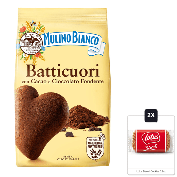 Mulino Bianco Batticuori 12.35Oz (350G) Authentic Italian Heart-Shaped Cocoa Biscuits Tea, Or Snacks Made With Natural Ingredients & 2x Lotus Biscoff Cookies 0.2oz