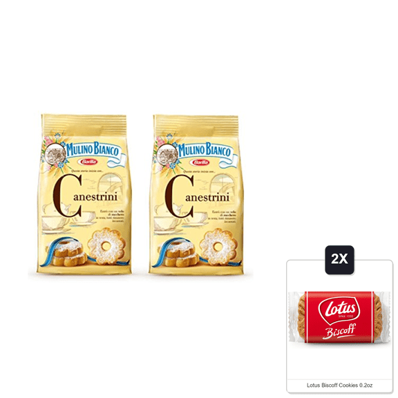 Mulino Bianco:"Canestrini" Biscuits With Icing Sugar - 7.05 Oz (200G) Pack Of 2 [ Italian Import ] & 2x Lotus Biscoff Cookies 0.2oz