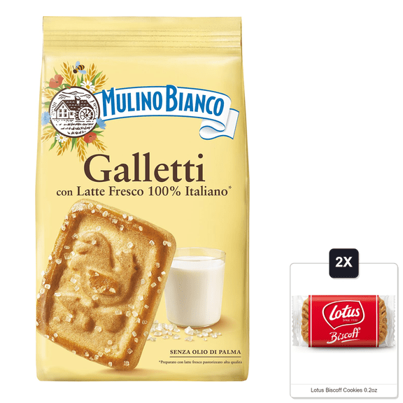 Mulino Bianco Galletti 12.35Oz (350G)  Authentic Italian Breakfast Biscuits With Light Sweetness  Perfect With Coffee Or Tea & 2x Lotus Biscoff Cookies 0.2oz