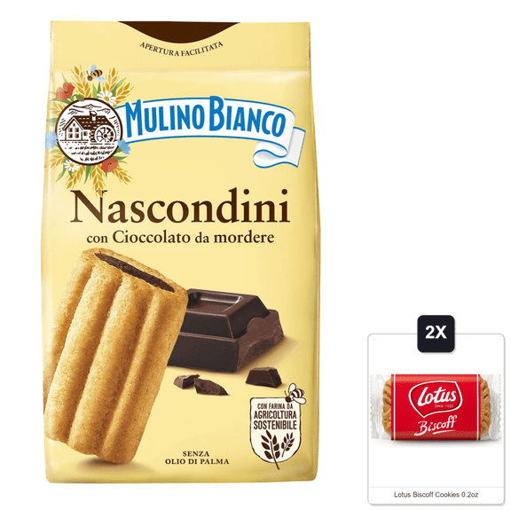 Mulino Bianco Nascondini 11.64Oz (330G)  Authentic Italian Biscuits With Hidden Chocolate Cream Filling  Perfect Snack Or Coffee Companion & 2x Lotus Biscoff Cookies 0.2oz