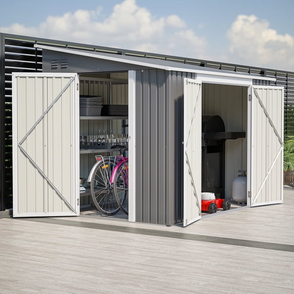 Mulinsonfly 8x6 ft Outdoor Storage Shed with Lockable Doors, Adjustable Side Door, Aluminum Frame & Weatherproof Design for Garden, Backyard & Patio Storage