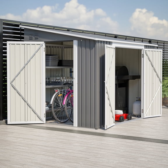 Mulinsonfly 8x6 ft Outdoor Storage Shed with Lockable Doors, Adjustable Side Door, Aluminum Frame & Weatherproof Design for Garden, Backyard & Patio Storage