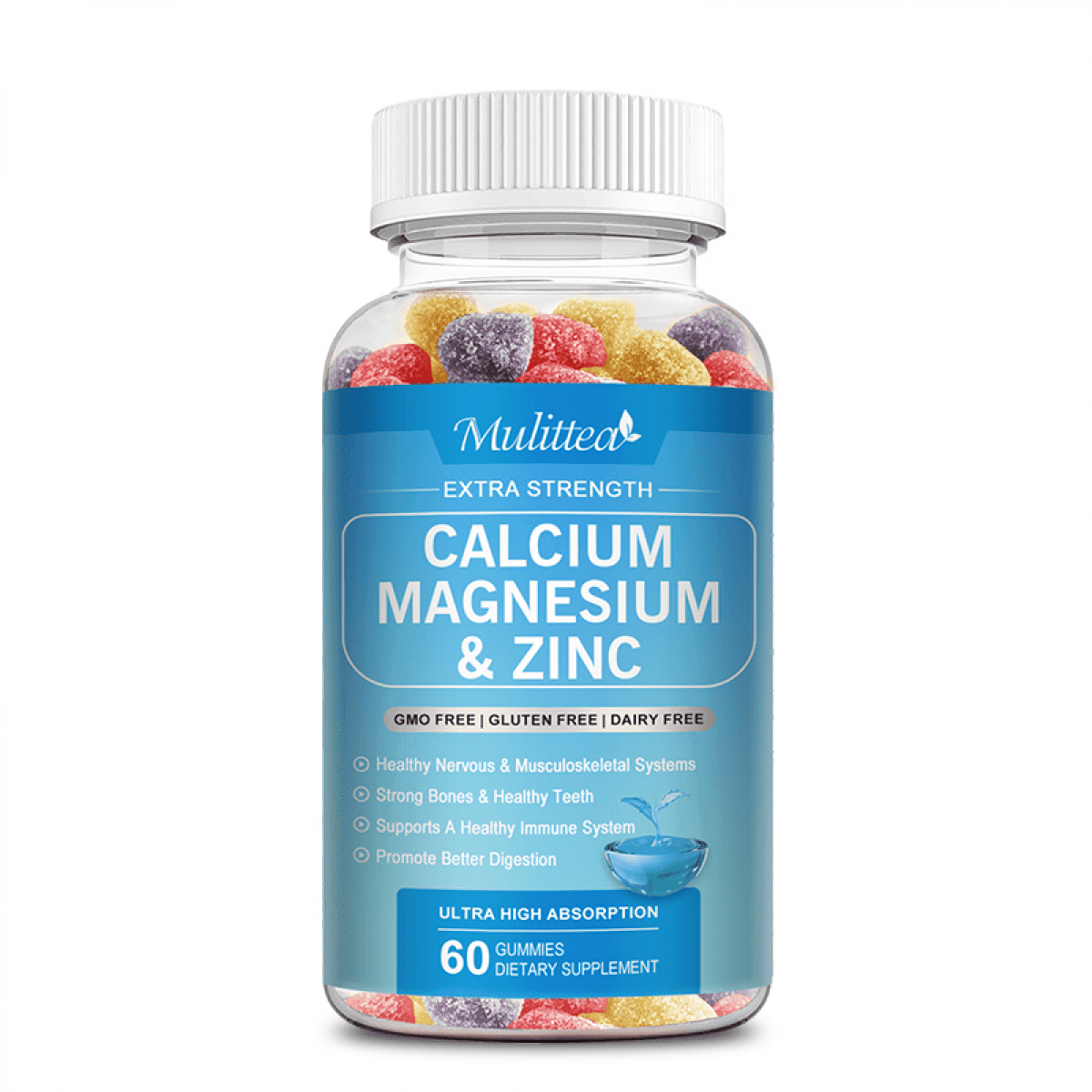 Mulittea Calcium, Magnesium and Zinc Gummies with Vitamin D3 - Supports Bone Health & Immune Function - Dietary Vitamin Supplements for Women, Men & Teens