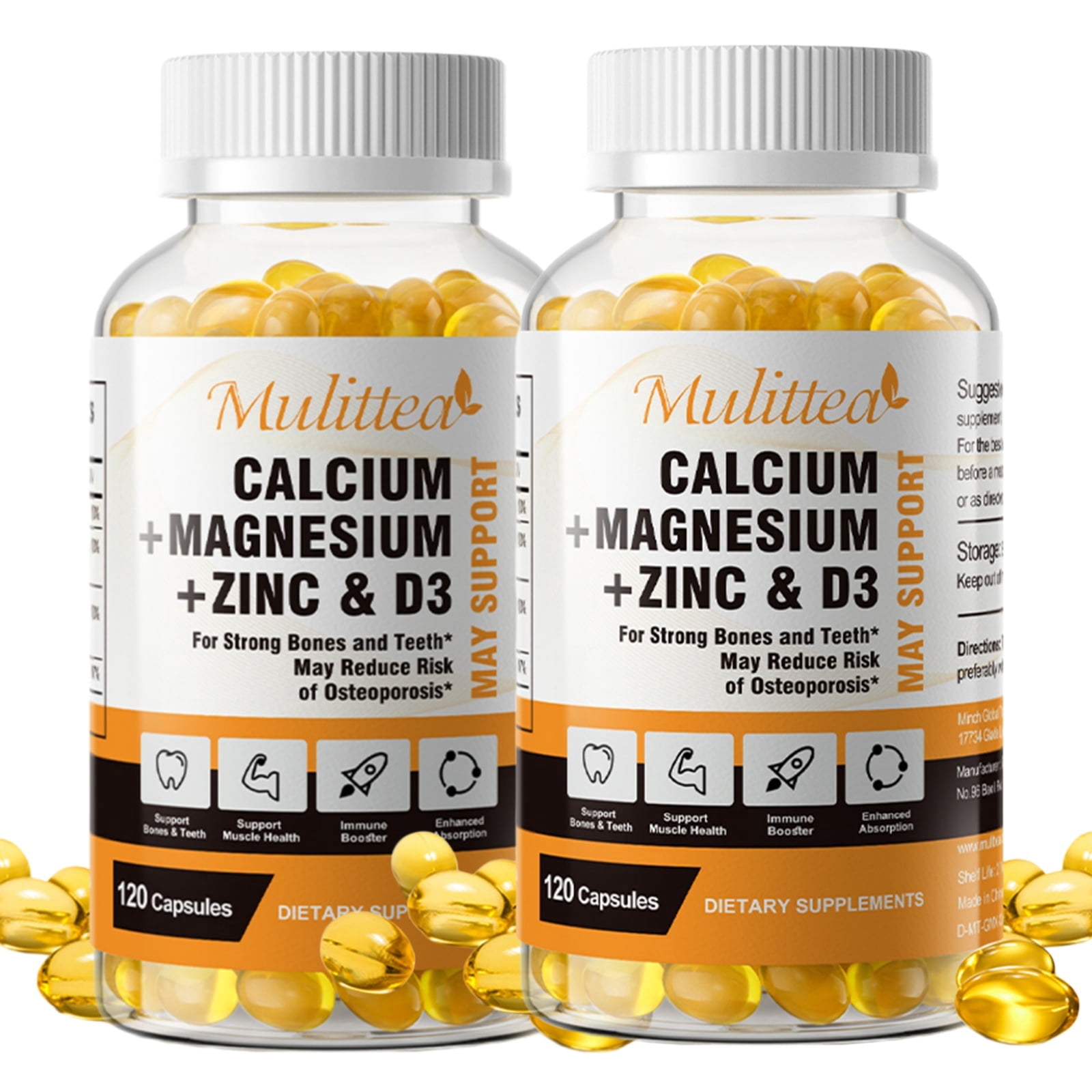 Mulittea Calcium Magnesium Zinc with Vitamin D3, Bone & Teeth Support Supplement, Supports Heart & Immune Health, Easy to Swallow, 240 Capsules