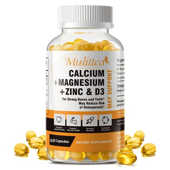 Mulittea Calcium Magnesium Zinc with Vitamin D3 Supplement, Bone & Teeth Support, Easy to Swallow, 60 Capsules