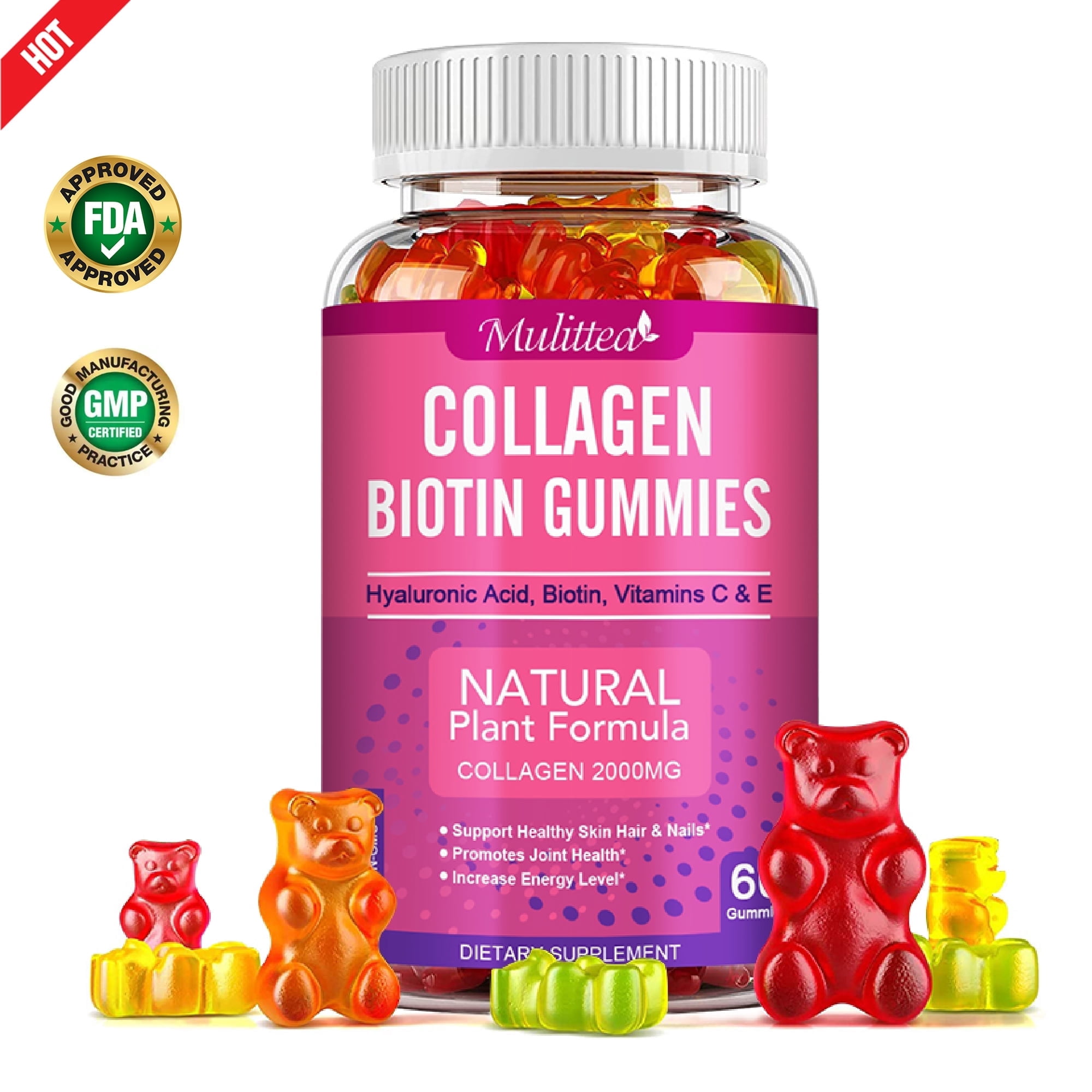 Collagen Gummies - Collagen Gummy Antioxidant with Biotin, Zinc, Vitamins C & E - For Hair, Skin and Nails , 2000mg 60ct